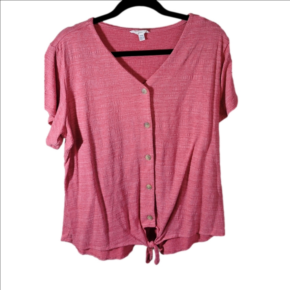 Weatherproof XL textured button-down tie front vneck short-sleeved rayon ble red